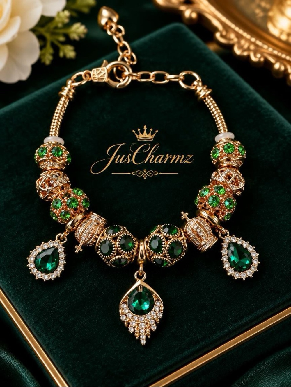 Christmas Gift: Rose Gold - Green Crystal Charm Bracelet